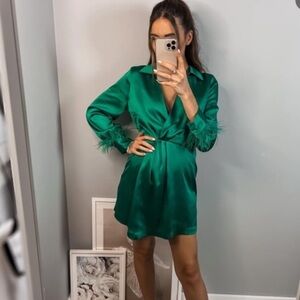 Green Satin Dress with feather details